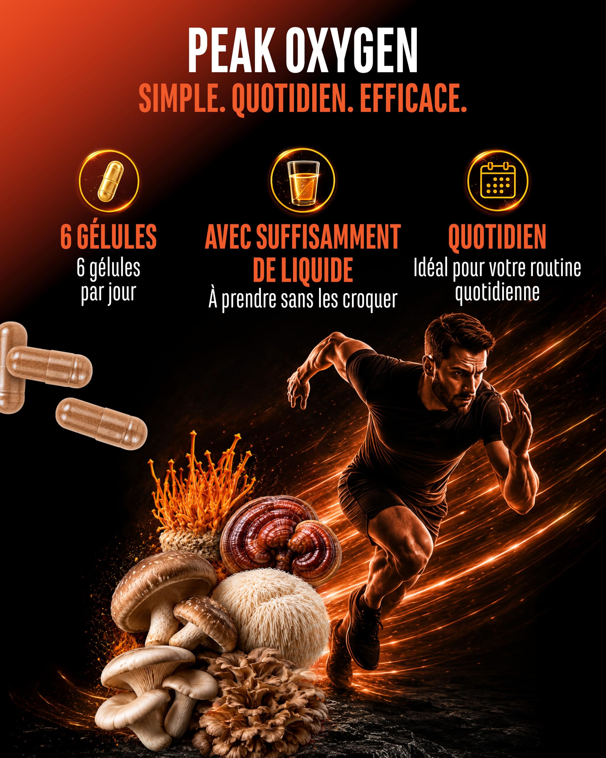 Peak Oxygen - 180 Gélules Vegan - 6125 mg par Dose/Jour - Complexe de 6 Champignons avec Cordyceps, Reishi, Shiitake, Hericium, Maitake et Pleurote - TMG, Taurine et Matière 1ère de Marque : AstraGin®