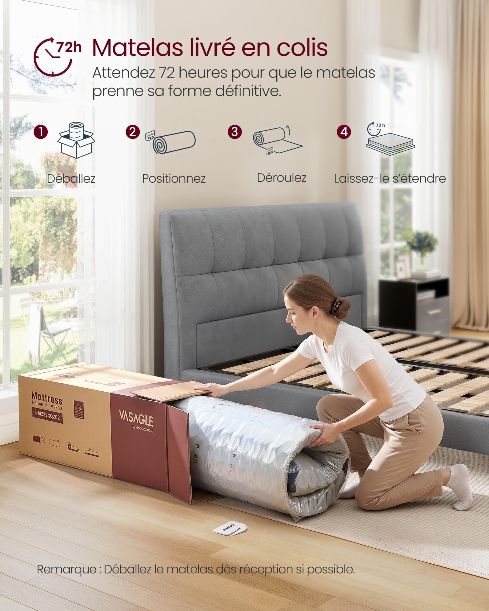 VASAGLE Matelas Double 140 x 190 x 25 cm, Matelas Hybride à Ressorts Ensachés, Mousse à Mémoire de Forme Gel, Soutien Mi-Ferme sur 7 Zones, Bords Renforcés, Housse Respirante, Bleu RMZ223QZ02