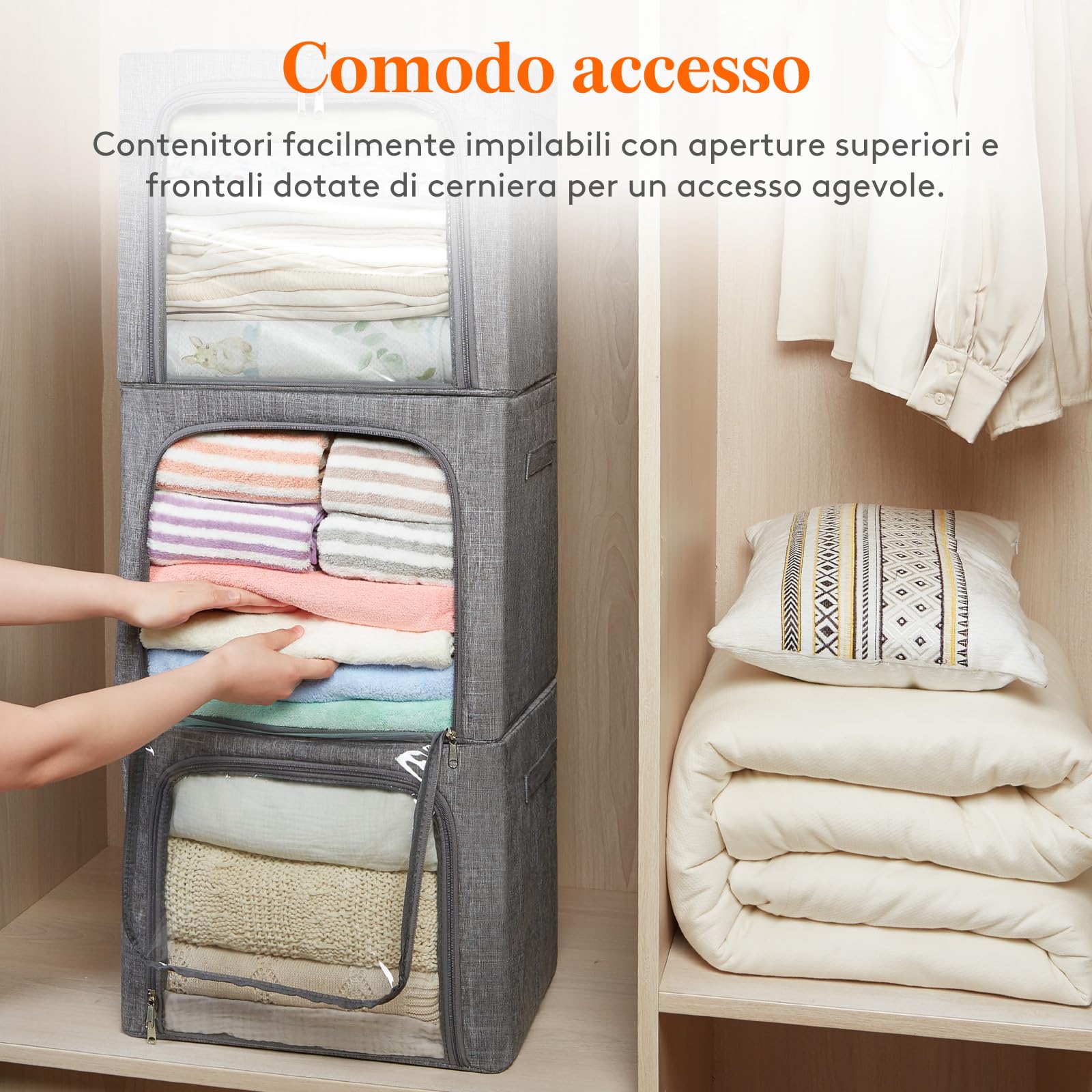 Lifewit Scatole per Armadio Rigide con Cerniera, Contenitori per Armadio Salvaspazio, Scatole Vestiti Cambio Stagione con Struttura in Metallo Pieghevole, Grigio, 40 L, 2 Pezzi