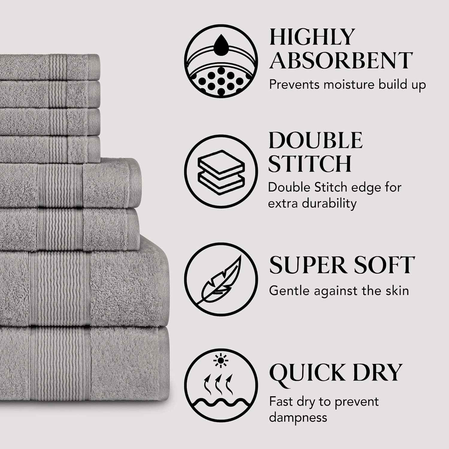 DecorRack Towels 8 Piece Premium Towel Set, 2 Bath, 2 Hand, and 4 Washcloths, 100% Ring Spun Cotton, Highly Absorbent Towels for Bathroom, Sports, and Hotel, Gray