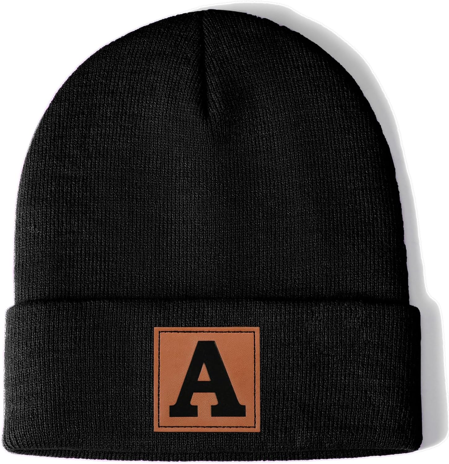 SWIMLANCE Unisex Initial Knit Beanie Hat for Men Women Leather Letter A-Z Winter Skull Cap Christmas Stocking Stuffers Gifts
