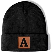 SWIMLANCE Unisex Initial Knit Beanie Hat for Men Women Leather Letter A-Z Winter Skull Cap Christmas Stocking Stuffers Gifts