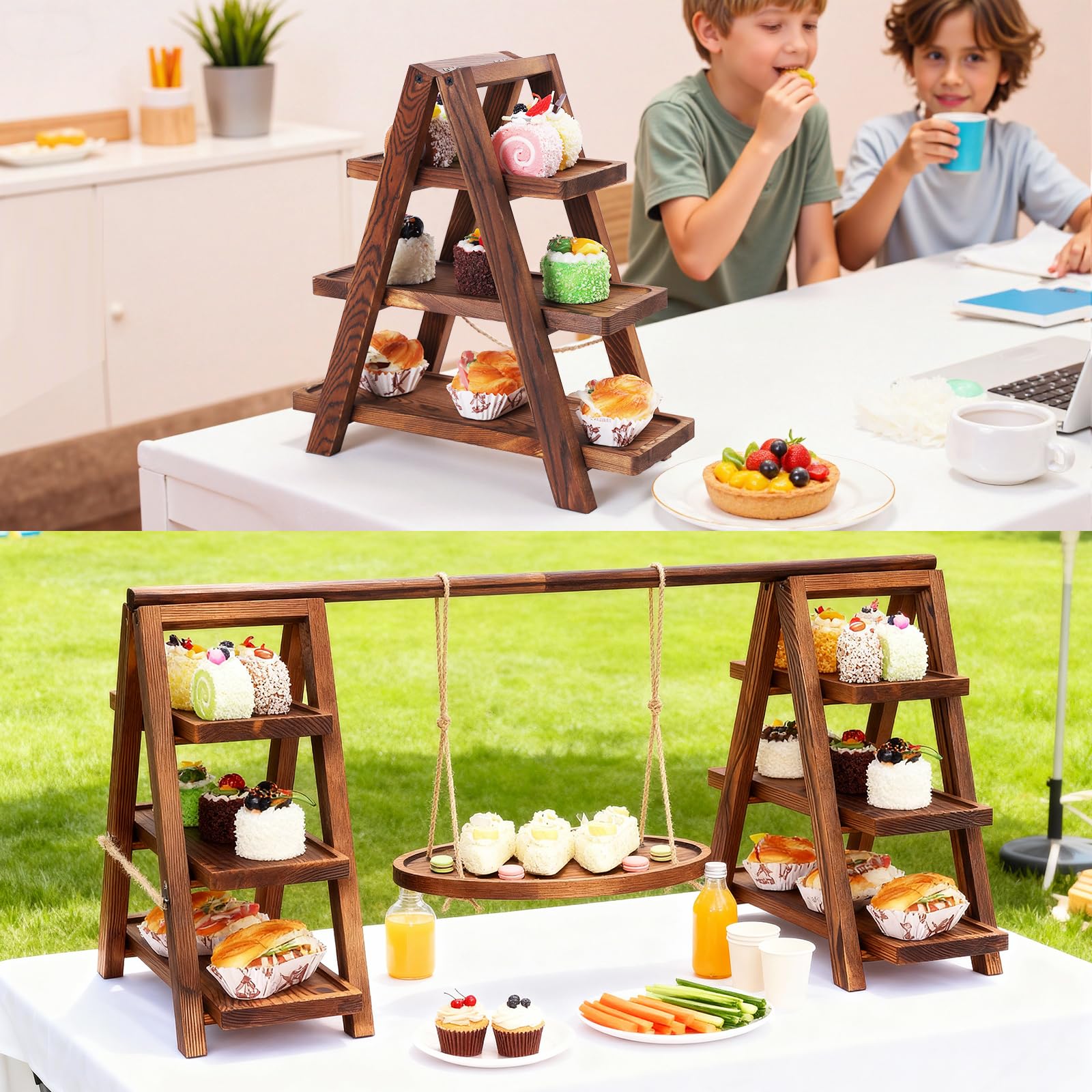 Étagère à Cupcakes et Desserts en Bois à 3 Étages avec Cadre | Oscillant Pin Fini Torch Rustique, Plateaux Large de 13cm, Assemblé à l'Avance avec Pads Anti-Dérapants, Support pour Gât