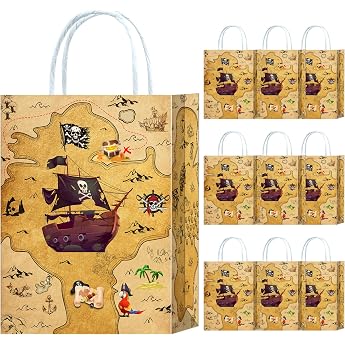 Pack of 10 Pirate Party Bags, Pirate Gift Bags, Paper Bags with Handle | Pirate Ship Birthday Gift Bags, 21 x 15 x 8 cm, Part