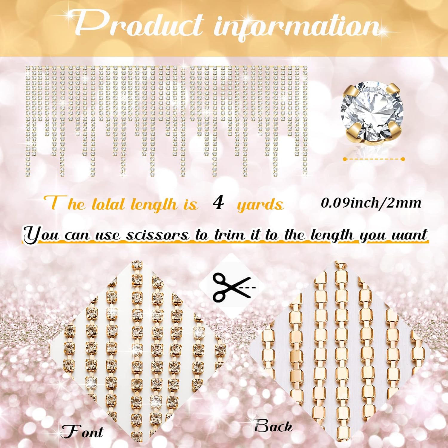 Rhinestone Fringe Belt Beaded Ribbon Diamond Tassel Chain for Jeans Clothing Accessories DIY Decoration(4 Yard,Champagne)