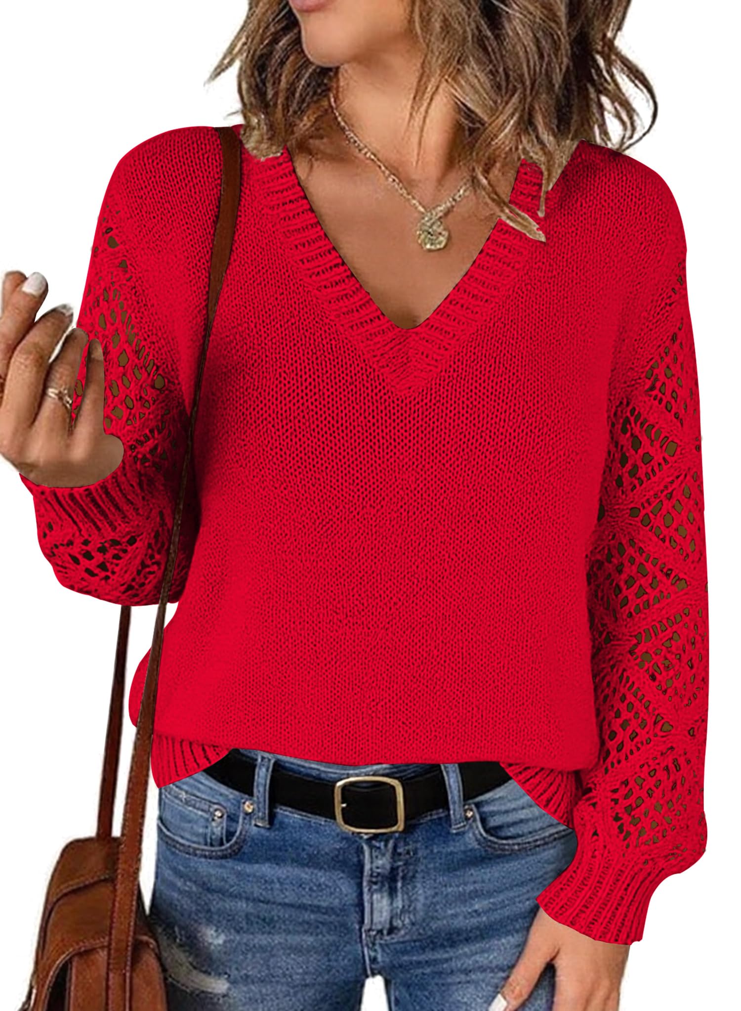 Fall Sweaters for Women Trendy 2025 V Neck Hollow Out Long Sleeve Cozy Pullover Sweater