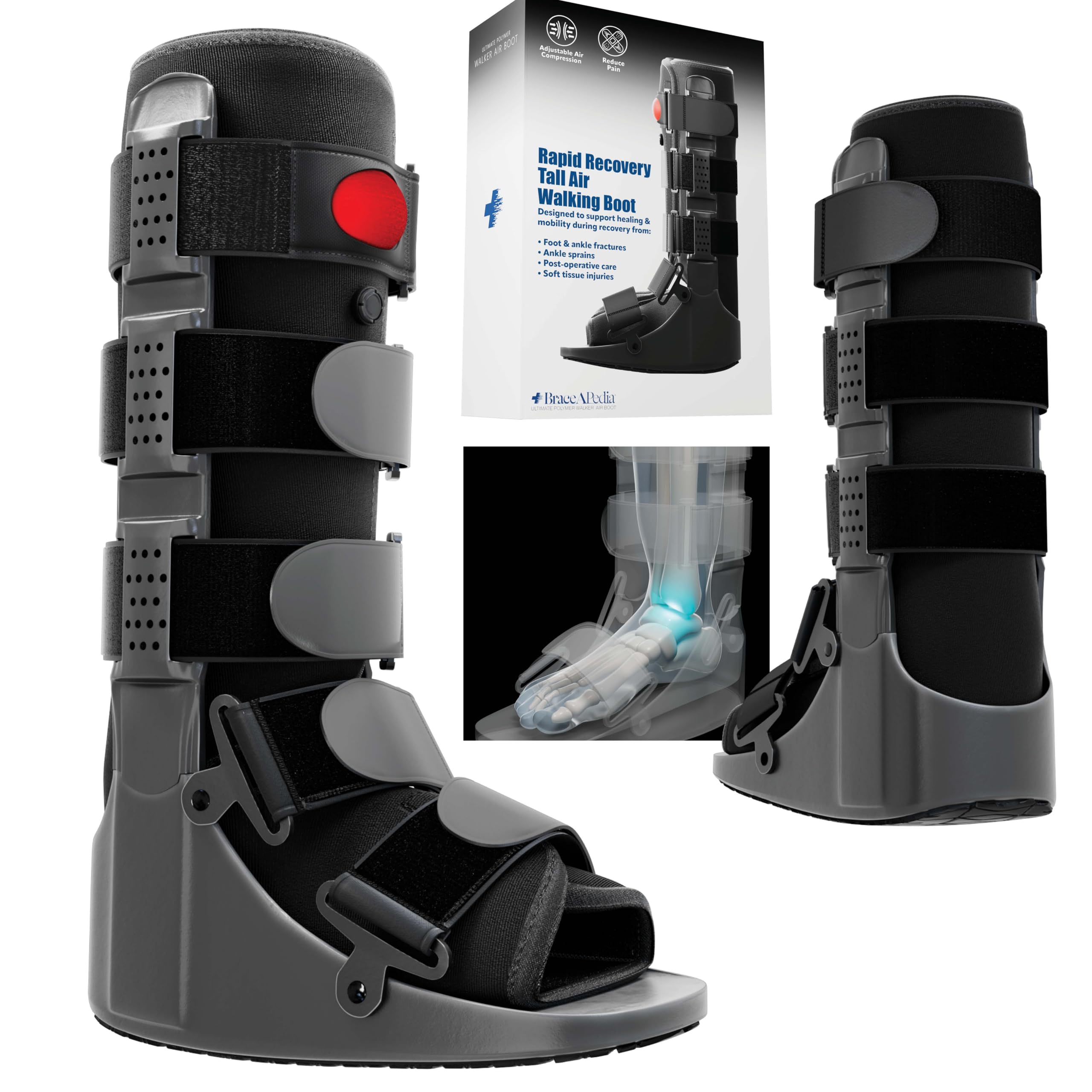 Rapid Recover Tall Walking Boot, Fracture Boot, Medical Grade Foot Brace for Fractures, Ankle Boot & Brace, Adjustable Air Pump, Sprain & Injury Recovery, Post Op Shoe for Injured Foot, Medium