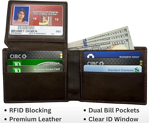 Miniatura 2 de Billetera plegable personalizada con bloqueo RFID de cuero genuino marrón oscuro para hombre con ventana de identificación, cartera grabada para