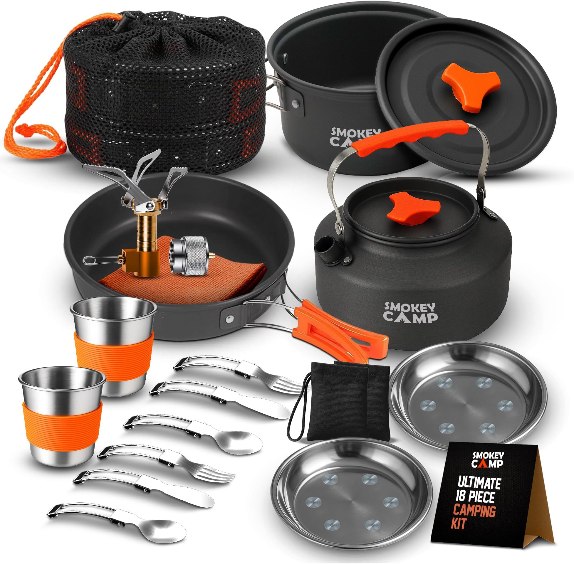 Smokey Camp Camping Cookware Mess Kit Set with Stove - Backpacking Camping Pots and Pans Set, All in One Non-Stick Camping Cooking Set, Portable Stove, Hiking, Picnic, Outdoor & Camping Cookware Set