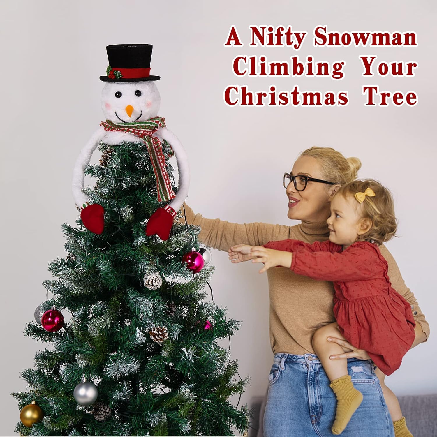 Lewondr Christmas Tree Topper Hat Projector, Snowman Hat Tree Topper with Snowflake Projector Light, Decorative Elf Hat Tree Topper for Xmas Tree New Year Holiday Party Winter Home Decoration, White