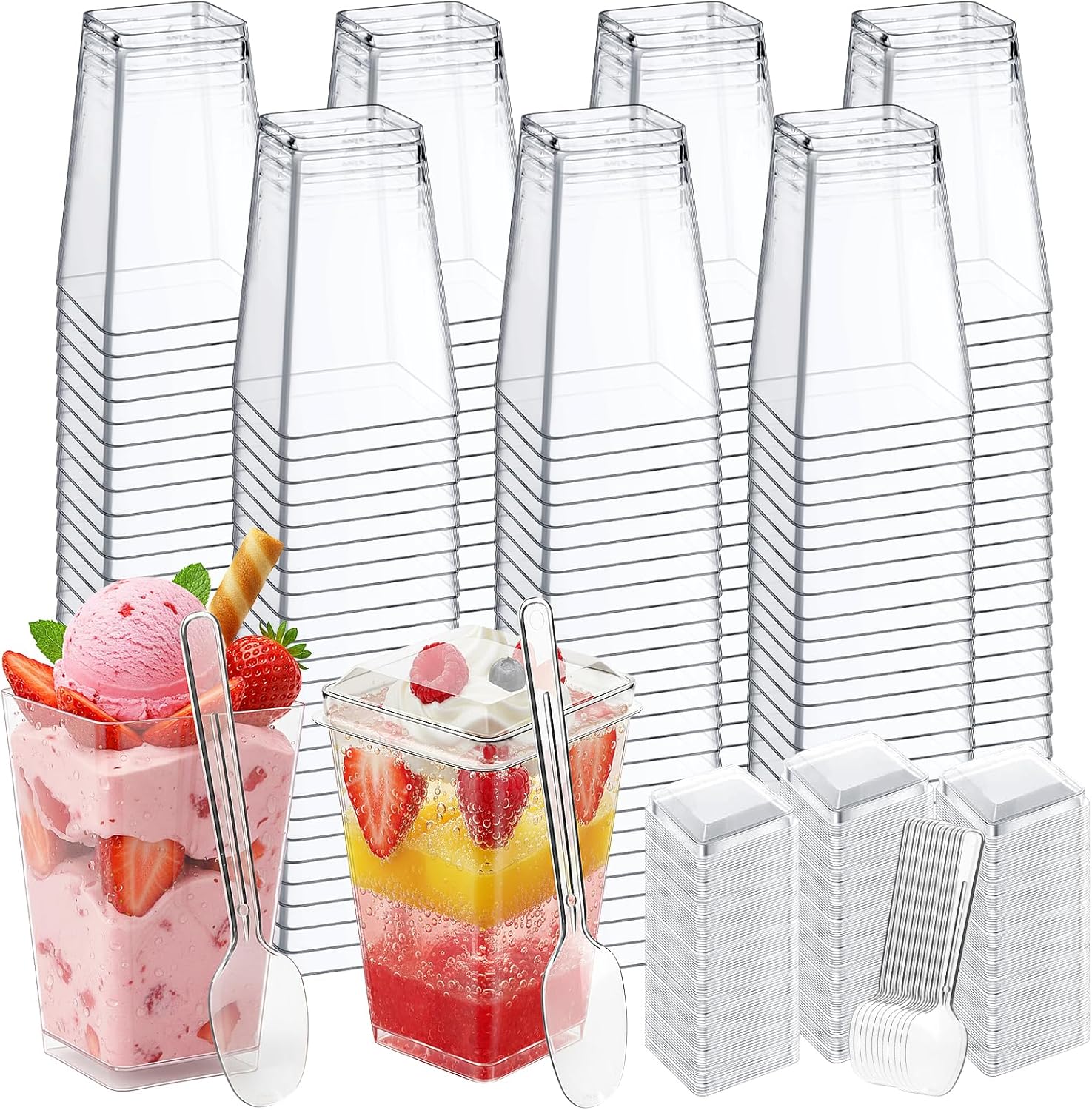 LifeIdeas 600 Pcs Mini Dessert Cups with Spoons and Lids, 5 Oz Square Mini Clear Parfait Cups, Shooters Cups for Party, Clear Yogurt Parfait Cups for Pudding, Fruit, Mousse, Snacks & Appetizers