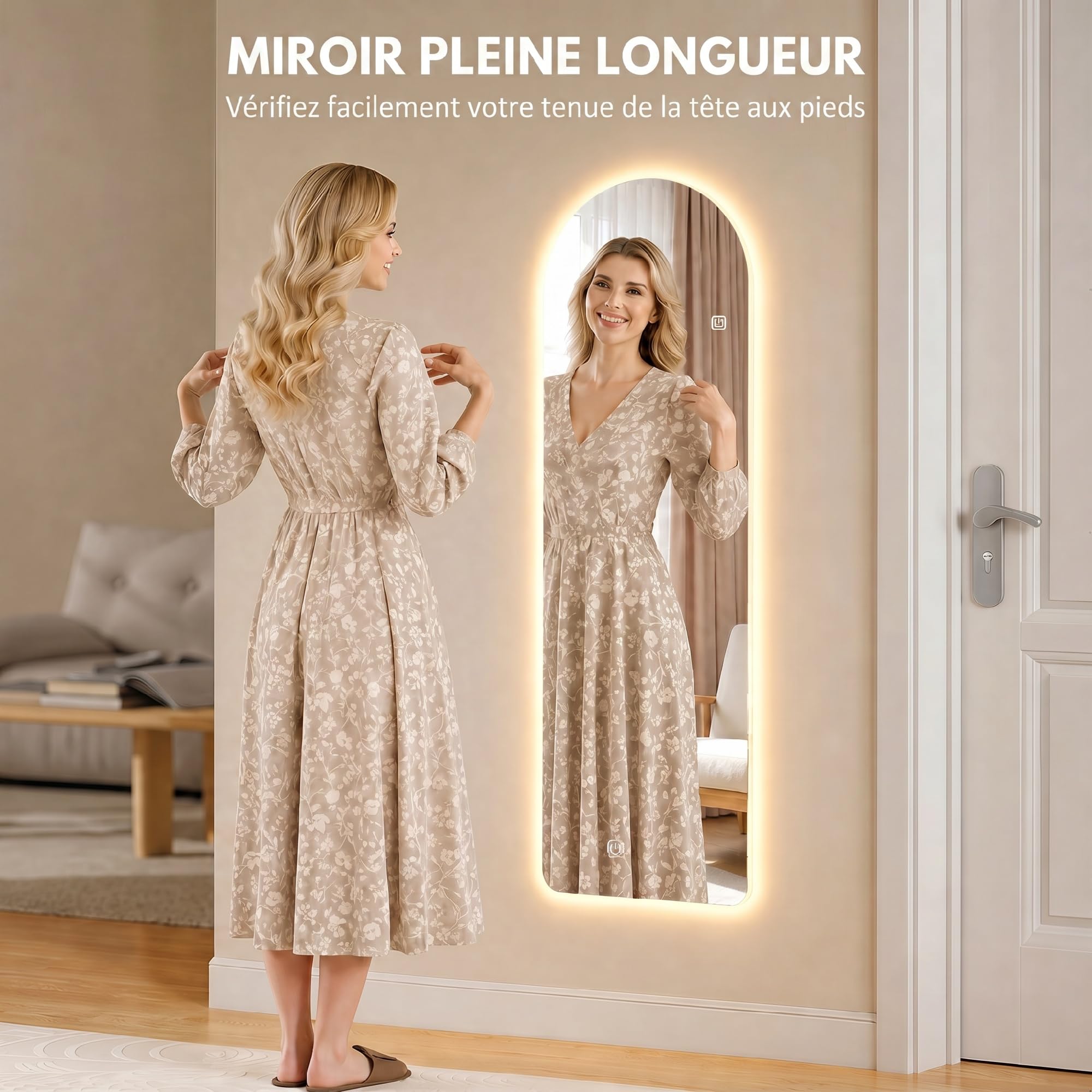 HOMCOM Grand Miroir Mural 120 x 40 cm avec éclairage LED Miroir Pleine Longueur arqué sans carde, Anti-déflagrante, intensité Variable, 3 Couleurs d'éclairage, pour Salon Chambre, Transparent