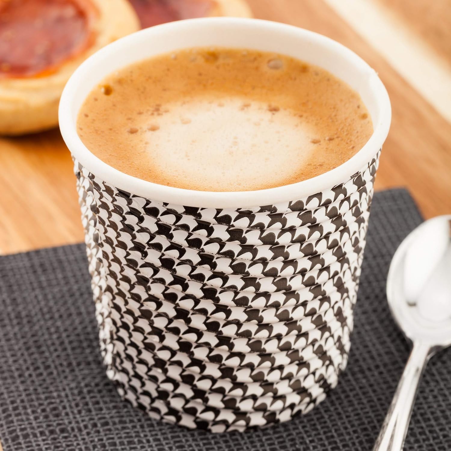 Restaurantware Disposable Paper Hot Cup Spiral Wall Coffee Cup Paper Tea Cup - Black Houndstooth - 4 oz - Insulated No Need For Sleeves - 500ct Box
