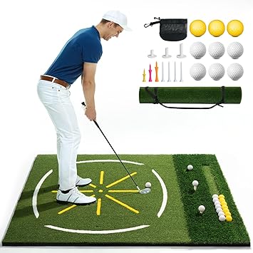 Golf Mat with Dual Turf, 5x4ft 26mm-45mm Thickened Golf Hitting Mat with Standing Guide-Line & Swing Path Line, Practice Mats for Indoor or Outdoor Use, Gifts for Men Dad & Golfers
