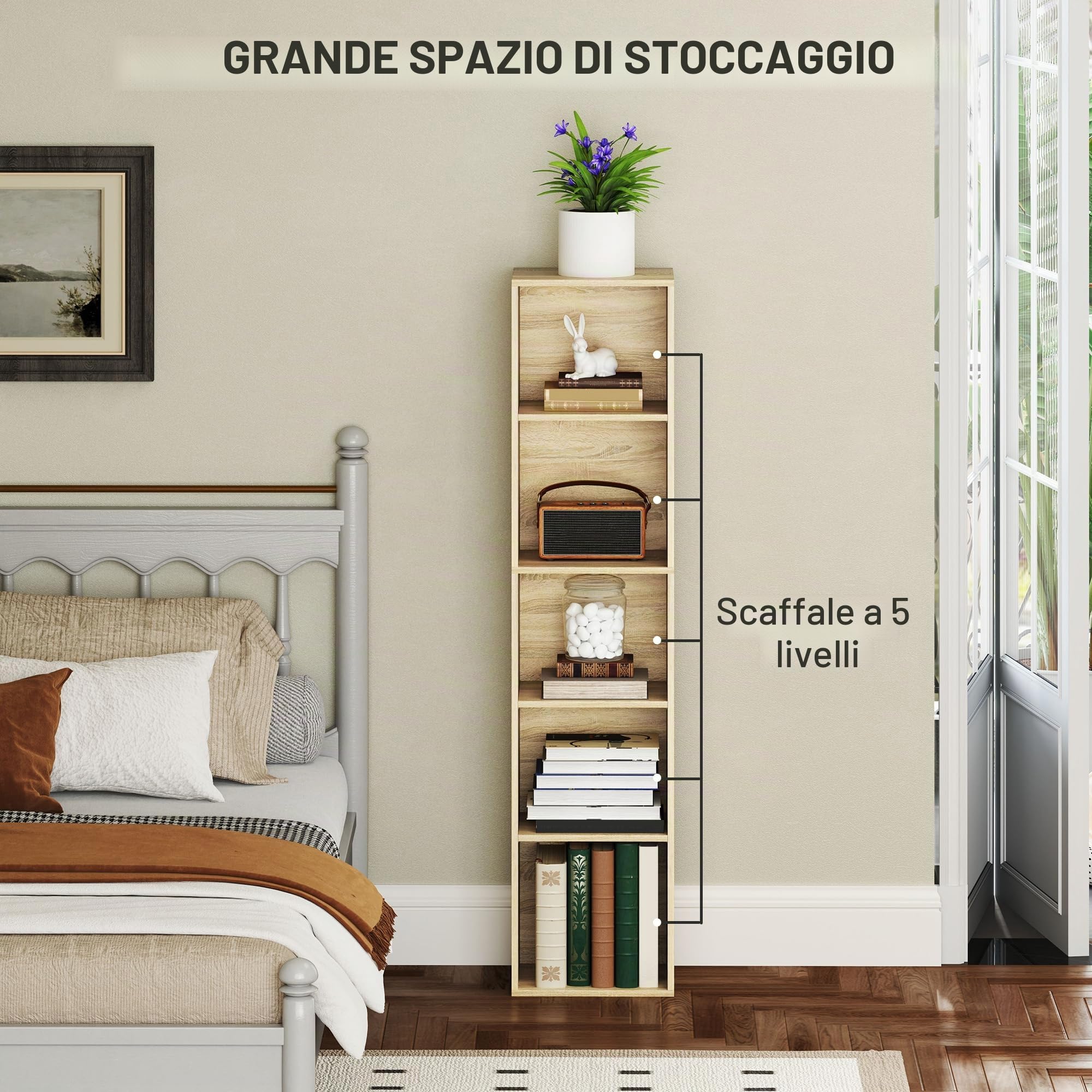 HOMCOM Libreria, scaffale a 5 livelli, contenitore con ripiani regolabili per soggiorno, camera da letto, studio, 30 x 24 x 133,5 cm, legno naturale