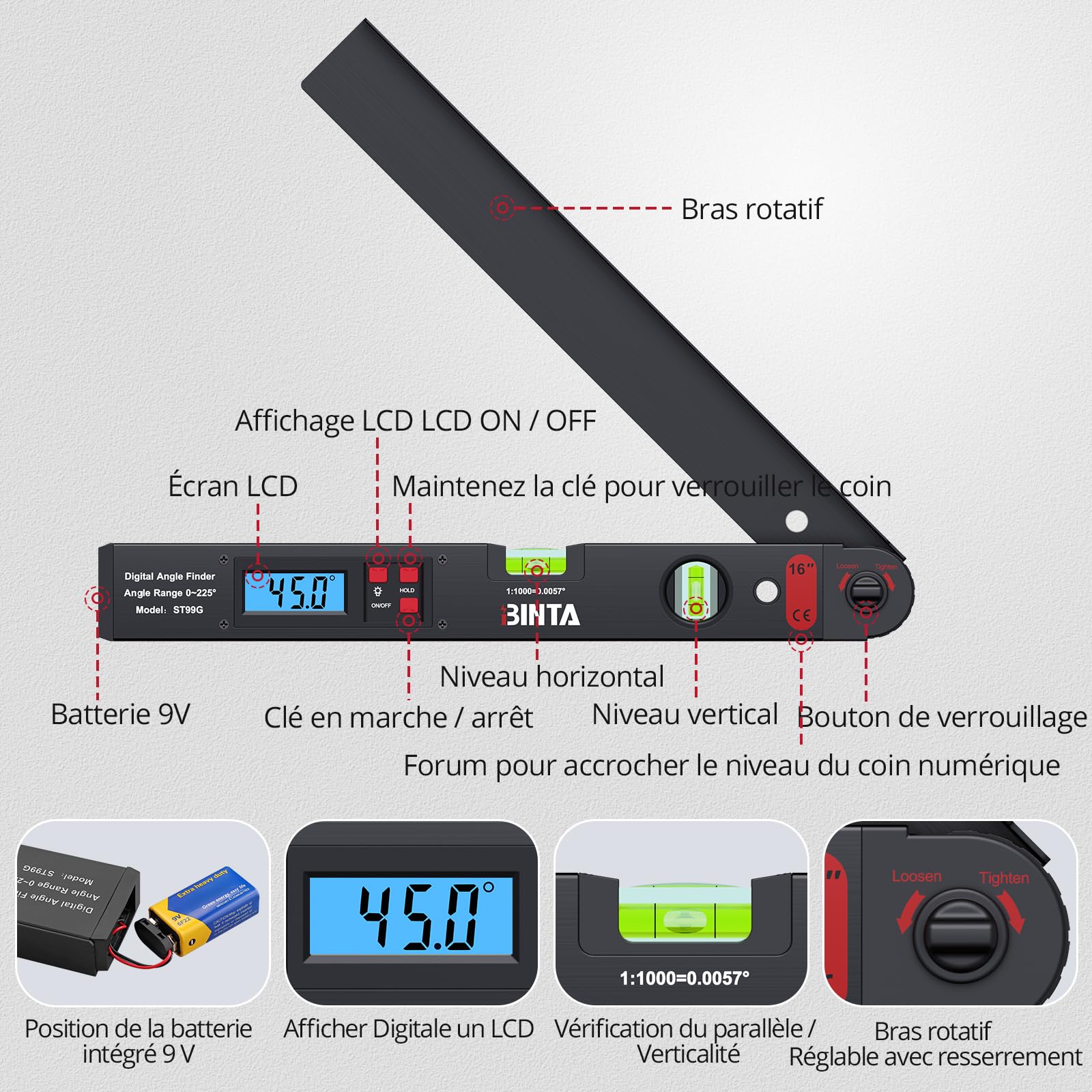 BINTA Détecteur d'Angle Numérique 0-225° avec Écran LCD Rétroéclairé, Outil en Aluminium avec Niveau à Bulles Horizontal/Vertical, Sac de Rangement, pour Menuiserie, Machines, Construction DIY Noir
