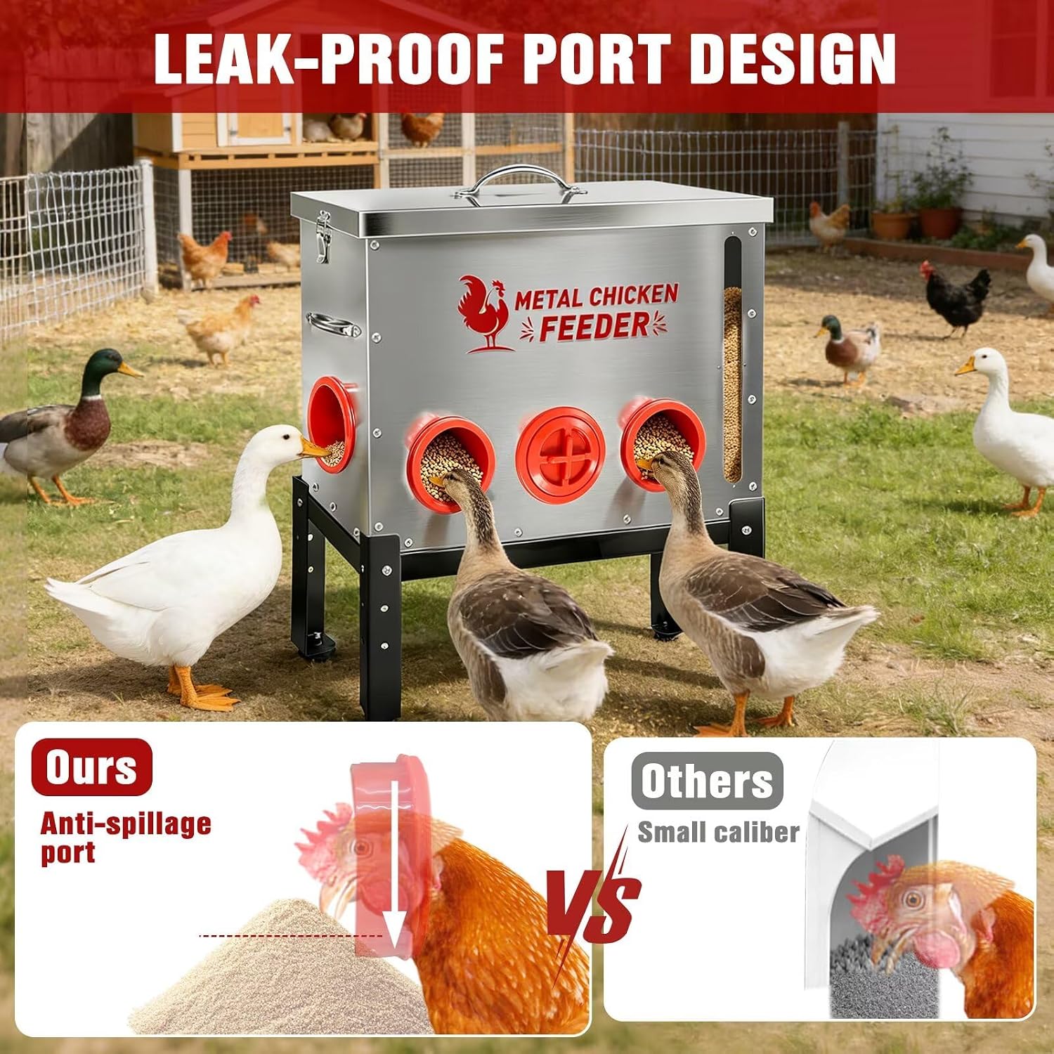 Automatic Chicken Feeder 50 LB Large Capacity with Window 8 Feeding Ports & Buckle Lock Lid and Adjustable Height Stand Chicken Feeder for Chickens Geese Ducks & Poultry