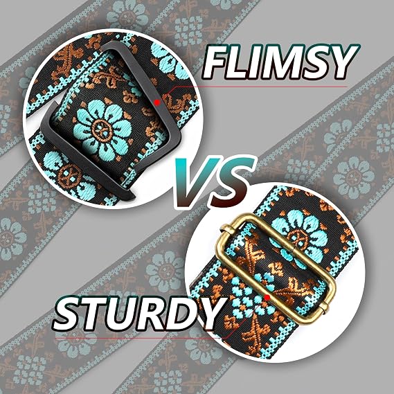 Guitar Strap, Double Cowhide Leather End, Set for Bass/Electric/ukulele/Acoustic Guitars, Vintage Jacquard Adjustable Straps, Free Headstrap and Leather Headband(Embroidered Blue Flower Gold Vine)