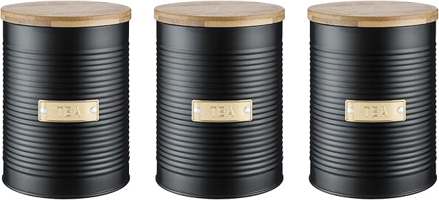 Typhoon Living Ebony Black Tea Coffee Sugar Storage Set with Select Homeware Jumbo Tea Towel