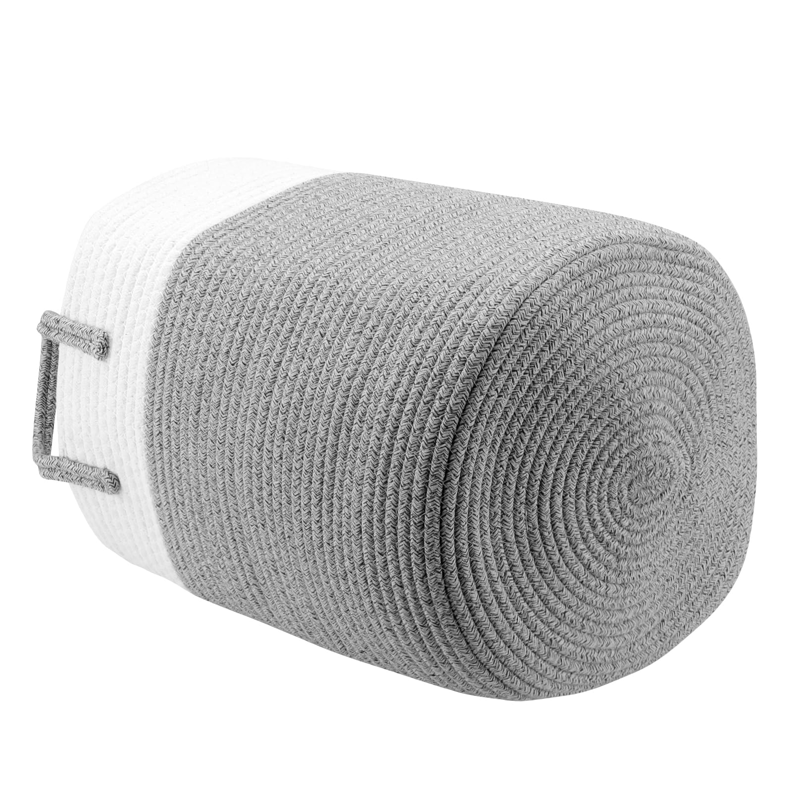 Cesto in cotone con manico, 33 x 33 x 43 cm, cesto portaoggetti rotondo in tessuto, cesto portabiancheria intrecciato con patchwork grigio in corda di cotone per asciugamani, pannolini,