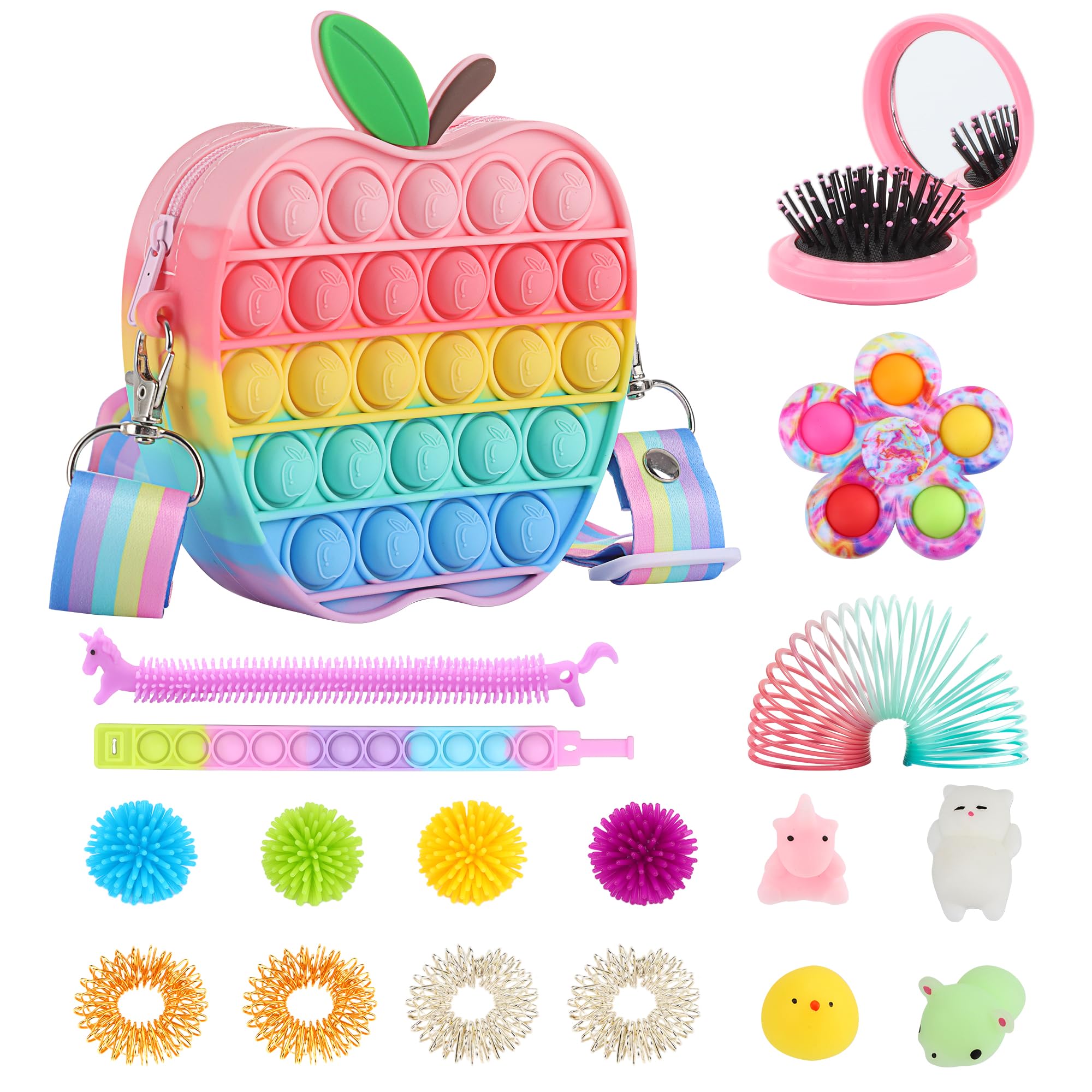 Flyingseeds Girls' Pop Fidget Toys Pack for Kids, Apple Pop it Purse, Sensory Toys Stress Relief Set, Party Favors Classroom Reward Best Gifts for Girls Age 3 4 5 6 7 8