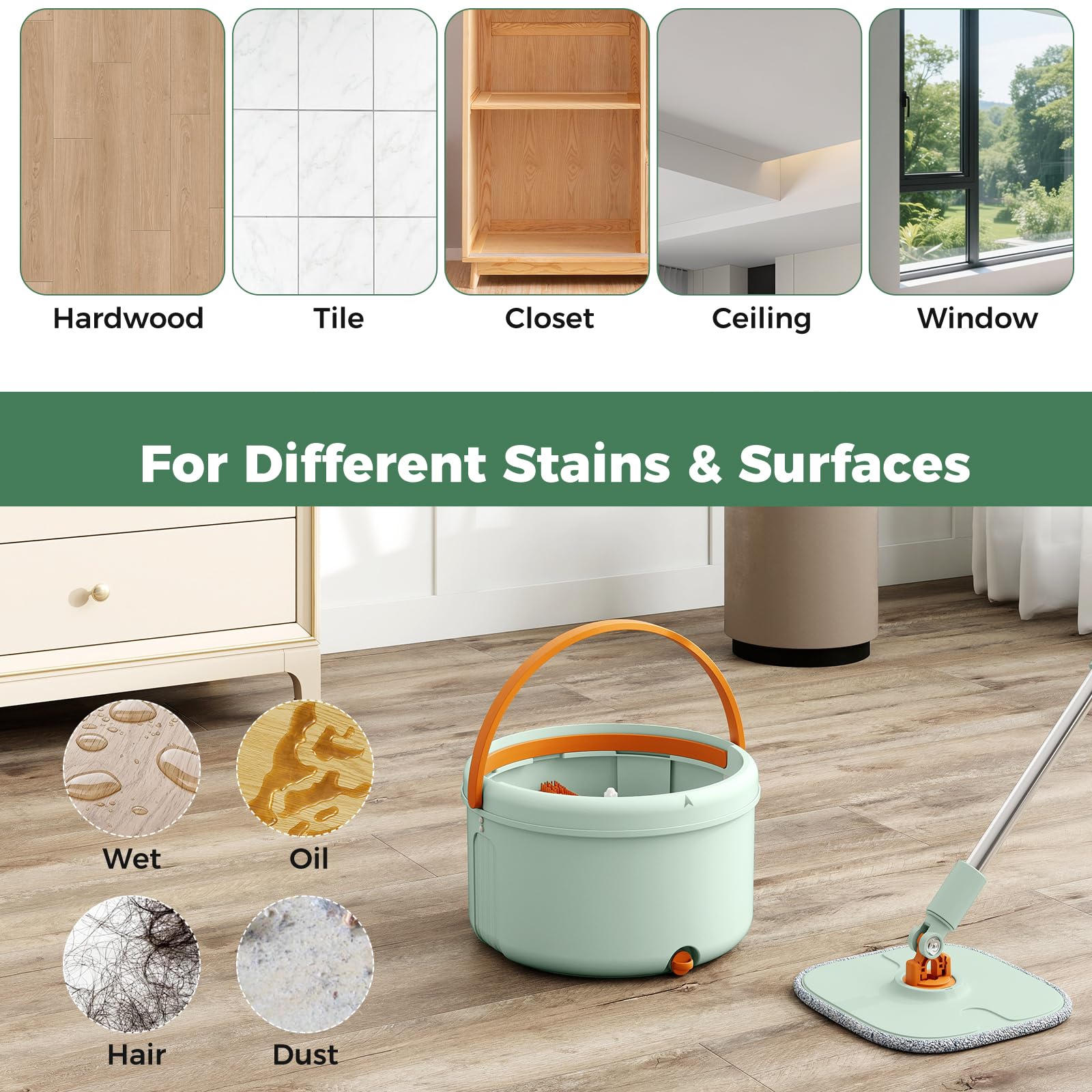 LIFEZEAL 2 Mopas de Fregona Profesional, Giratoria, 3 Paños de Limpieza, Escurridor, Doble Cubo, Filtro, Desagüe, Longitud Ajustable, Separación de Agua, Ligera (Verde Claro 2 Cabezales + 9 Paños)