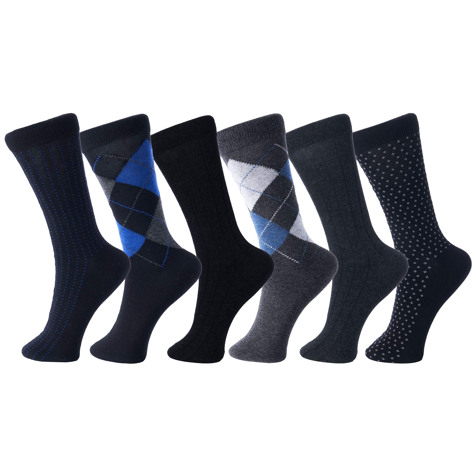 Mens Cotton 6 Pack Dress Socks Solid Ribbed Argyle Shoe Size 6-12