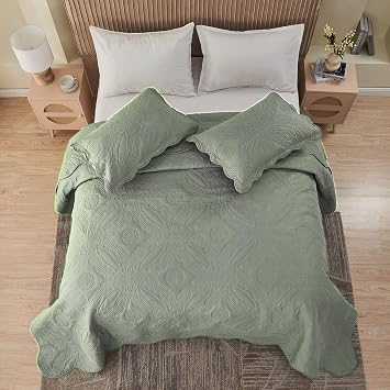 Kingnex Oversized King Bedspreads 128x120 Ultrasonic Quilted Sage | Extra Wide Coverlet for Tall Split King Adjustable Bed or Cal King, 3 Piece Set Include 1 Quilt 2 King Size Pillowcases