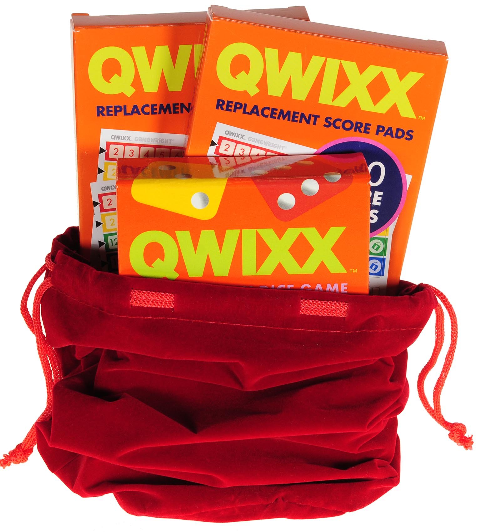 Deluxe Games and Puzzles QWIXX Dice Game, 2 Replacement Scoresheet Packs, RED Velvet Drawstring Pouch, Bundled Items - Image 3