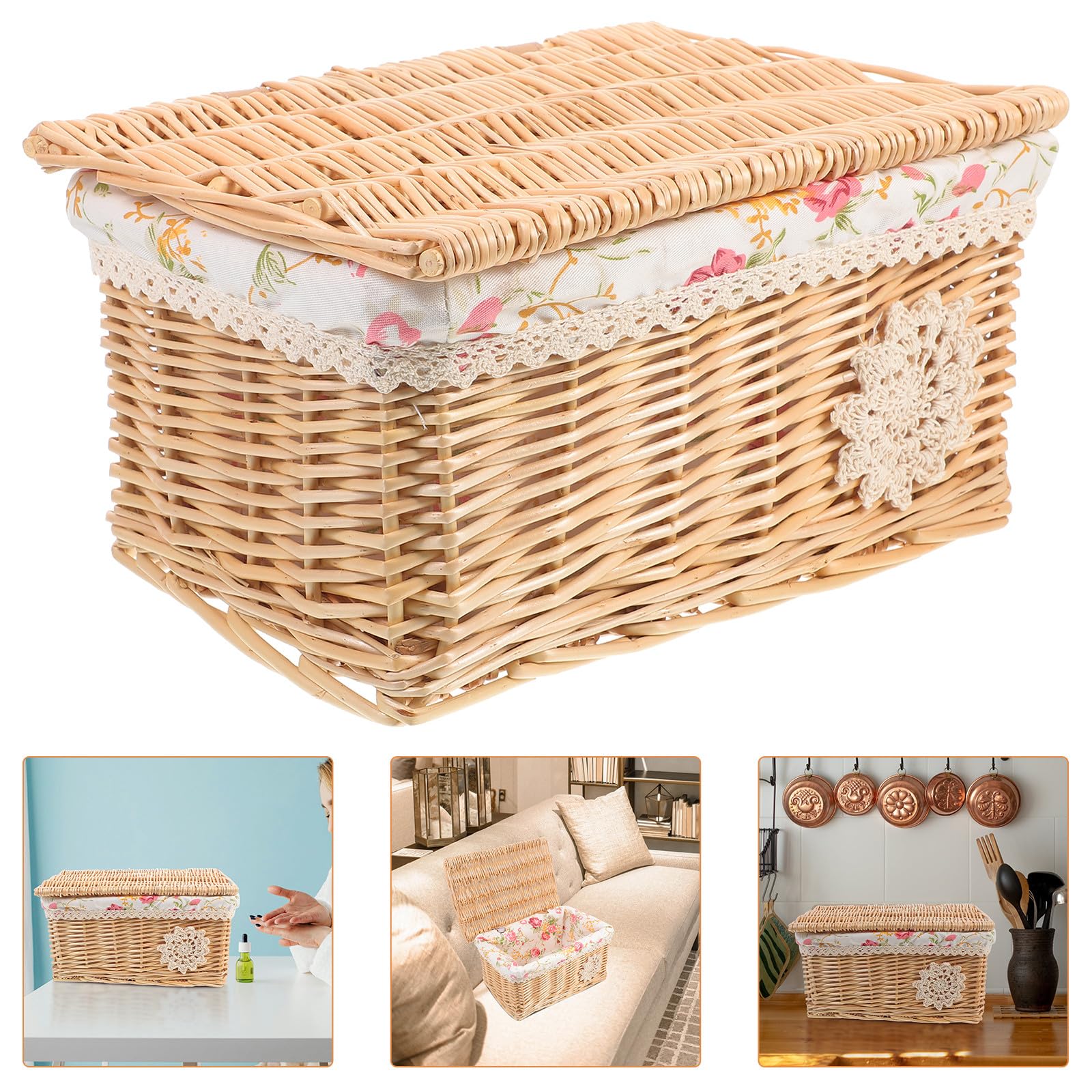 Cesto in Vimini con Coperchio Beige per Organizzazione Facile e Pulizia Semplice, Scatola Rettangolare per Conservare Piccoli Oggetti in Casa