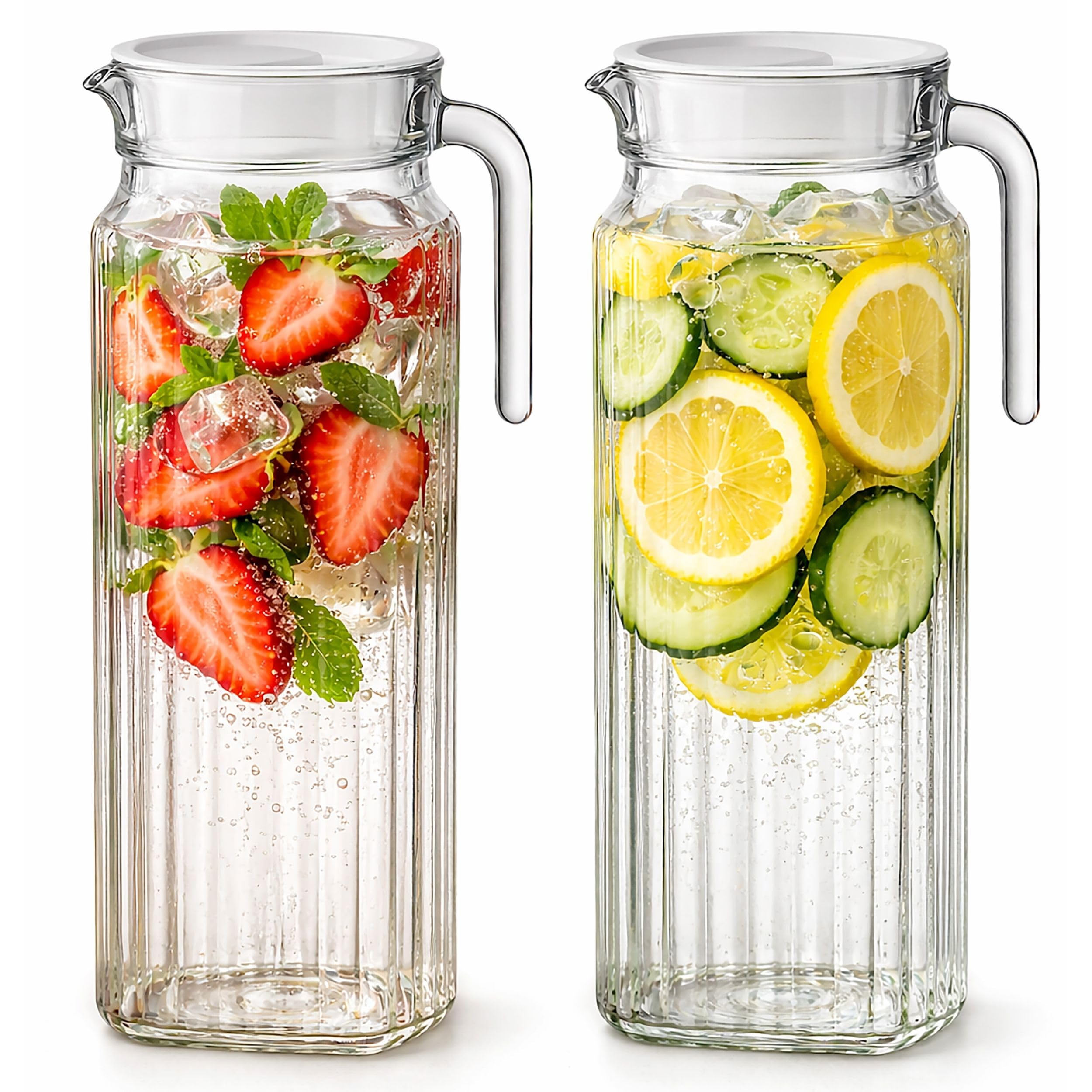 TIINER Fridge Jug 1L Glass Water Jug with Lid (2 Pack) - Clear Water Pitcher with Ribbed Glass Jug Design & Handle for Fridge Shelf & Everyday Use with Vented Spout - Juices, Pimms & Picnics