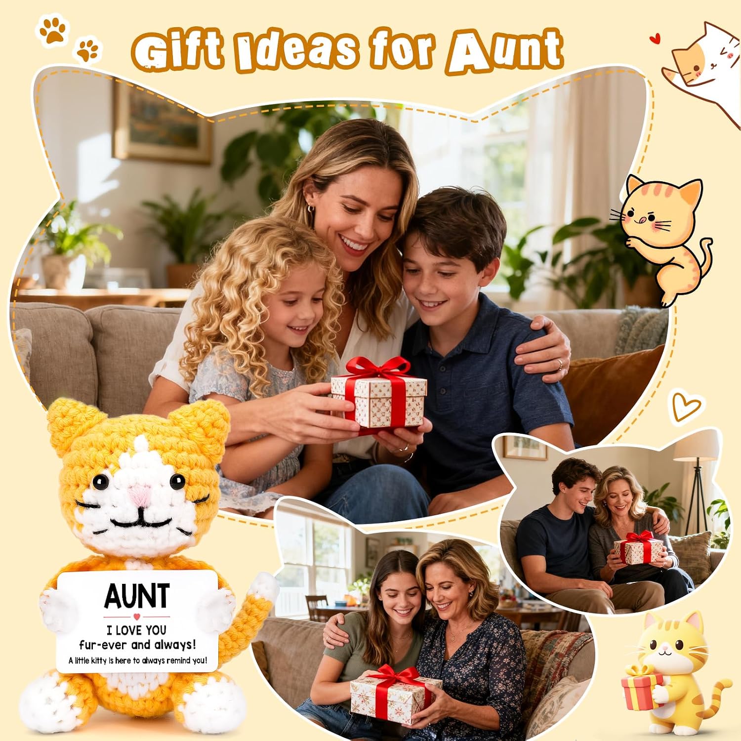 Funny Cat Mothers Day Aunt Auntie Gifts from Niece Nephew, Birthday Aunt Auntie Gift Ideas for Women, Mini Cute Cool Stuff Things I Love You Presents for Aunty, Small Emotional Positive Crochet Cat image 5