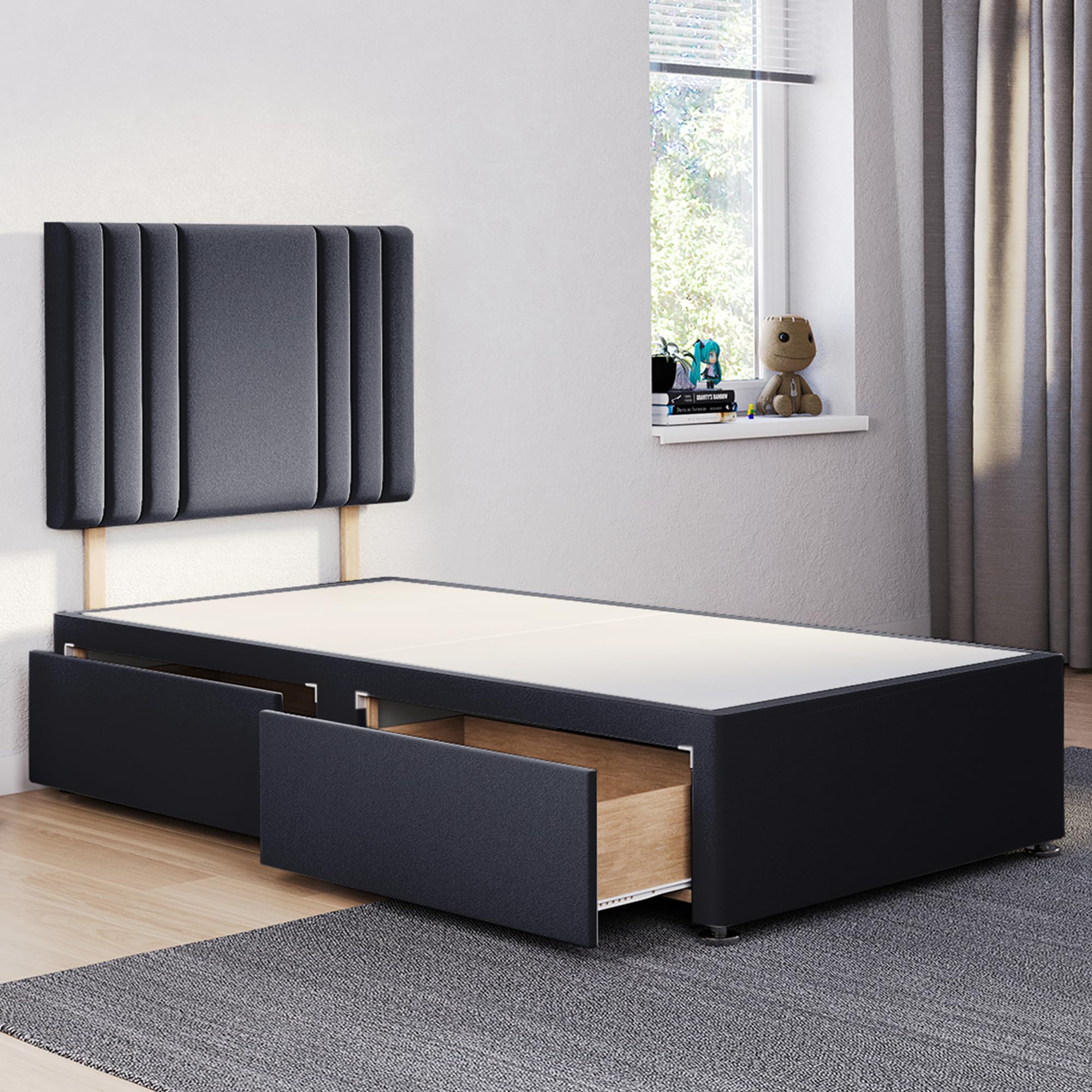 ComfoRest - Sophisticated 3FT Single Divan Bed with 2 Drawers & 24" Streak Headboard | Versatile Frame with Storage and a Sturdy Base for Modern Homes (Black Plush)