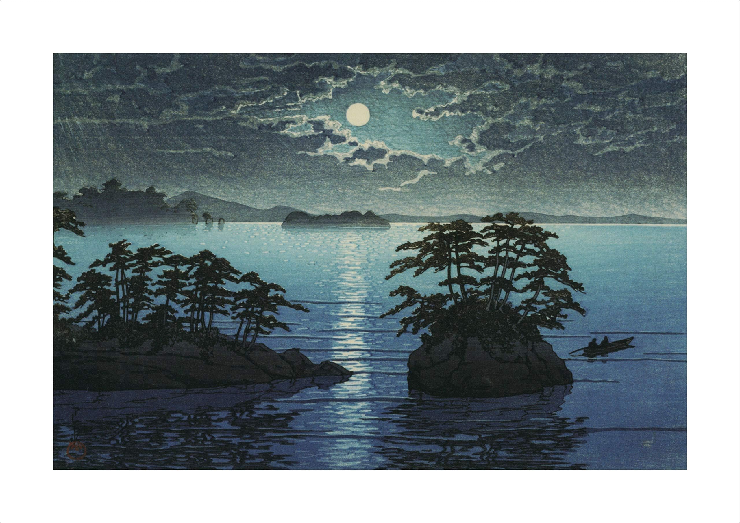 Art Poster Gallery 【Made in Japan】 Japanese Painting Hasui Kawase “Moonrise at Futago, Matsushima”16.5inch×11.7inch(A3)<fine Paper Print>Print on a Thick Sheet of Paper Painting Wall