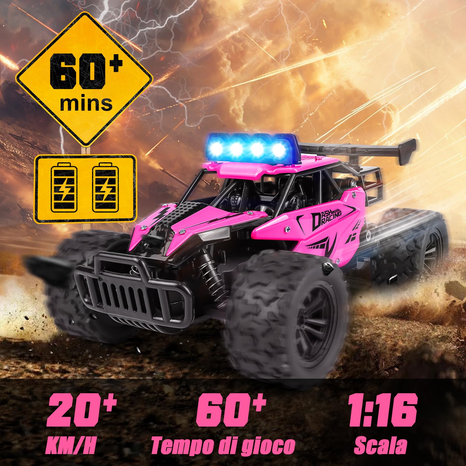Joellfuner Macchina Telecomandata per Bambini, 2.4Ghz 1:16 Macchina Radiocomandata con Luce LED Quattro Colori, 20KM/H Monster Truck Telecomandato con marce alte e basse per bambini 3+ anni (Rosa)