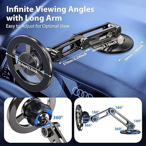 Miniatura 6 de Soporte de teléfono ultra magnético de brazo largo, se adapta al soporte de montaje de automóvil MagSafe Parabrisas+Ventilación+Dash, rotación de