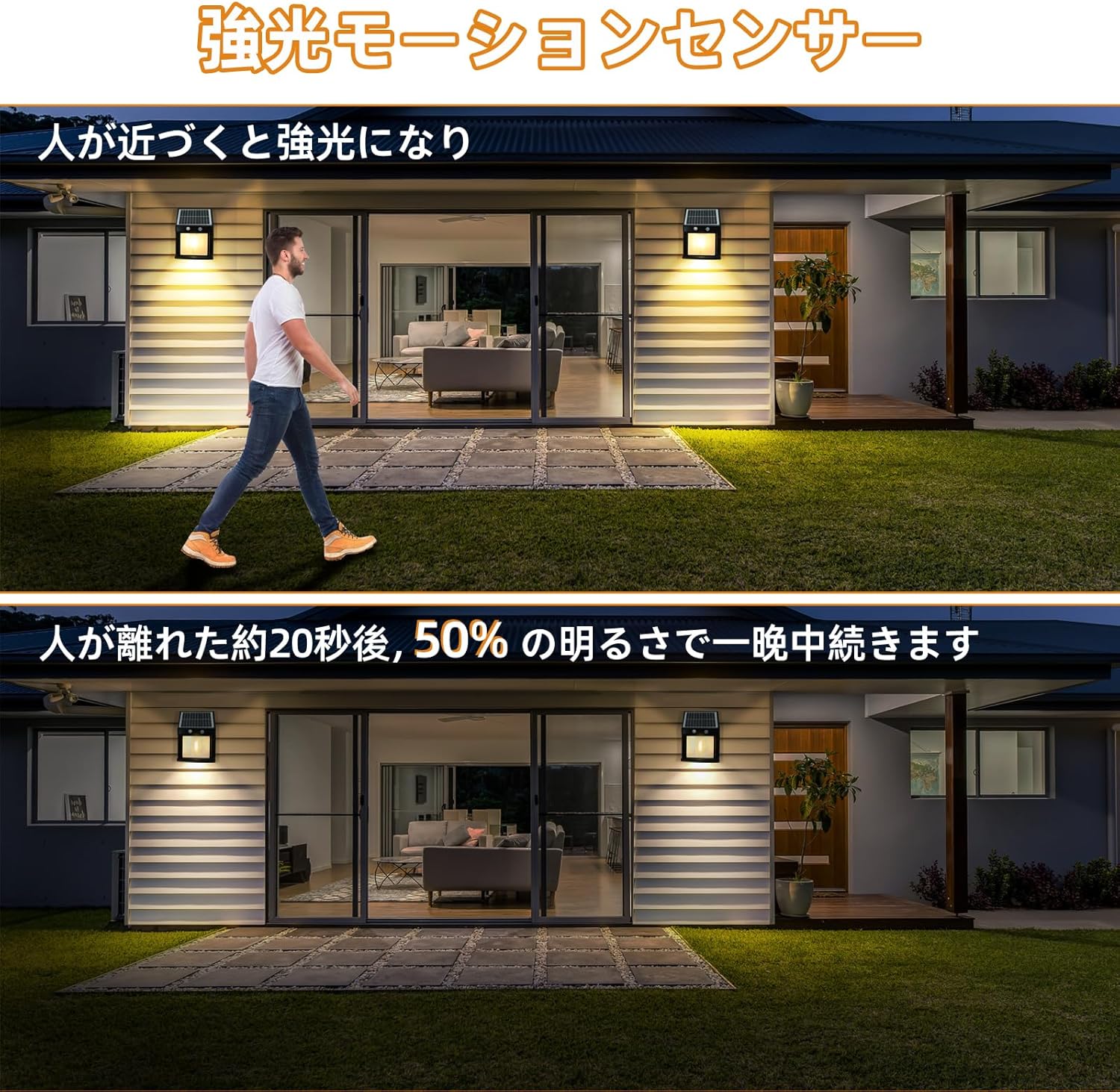 Illustration of the motion sensor mode: a person walking towards the light triggers full brightness, and after they leave, the light dims to 50% brightness.