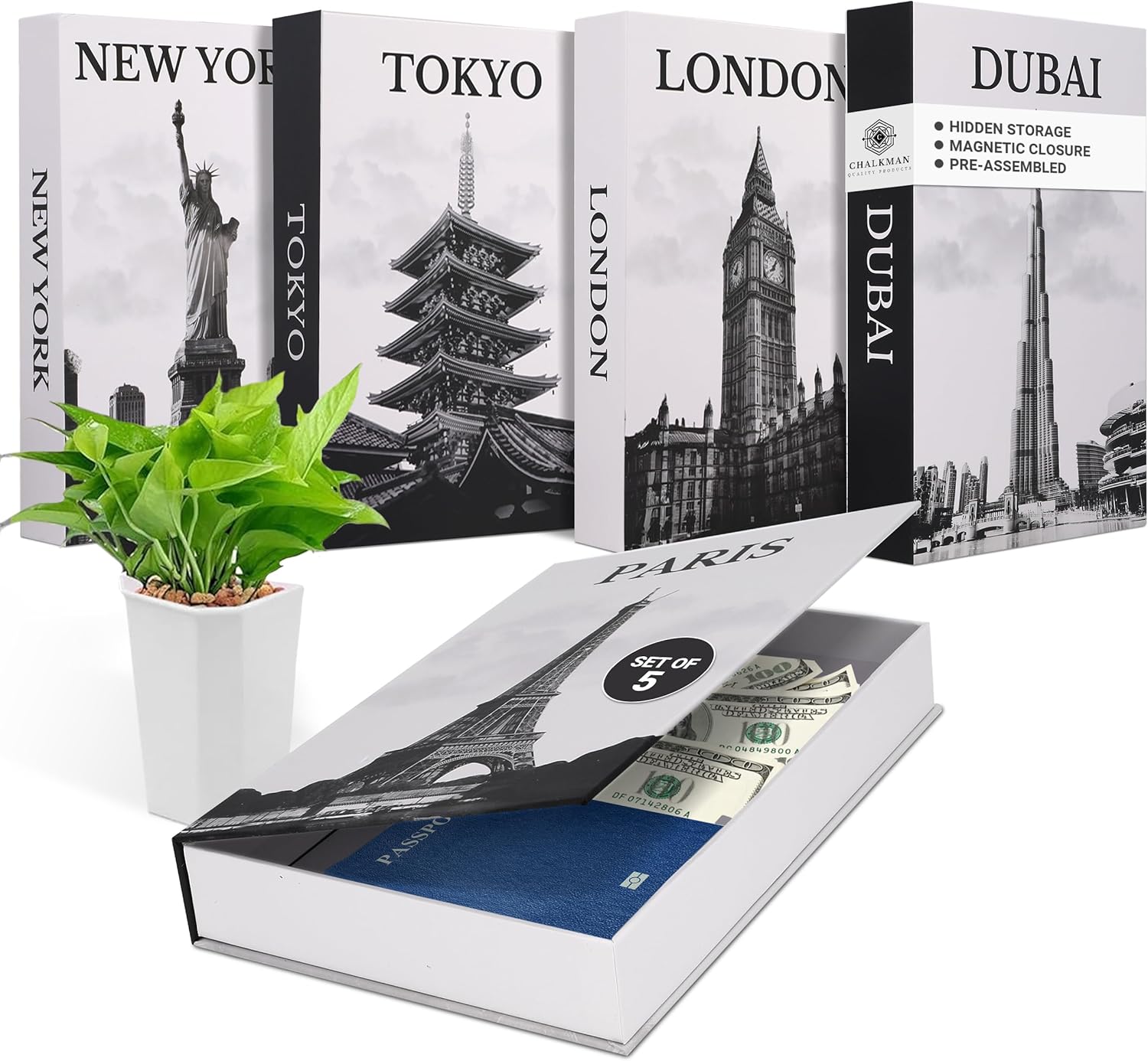 Chalkman - Decorative Books with Magnetic Closure and Bonus Hidden Storage Set of 5. Vintage Modern Aesthetic for Home Decor, Office, Coffee Table, Mantle, Pre-Assembled