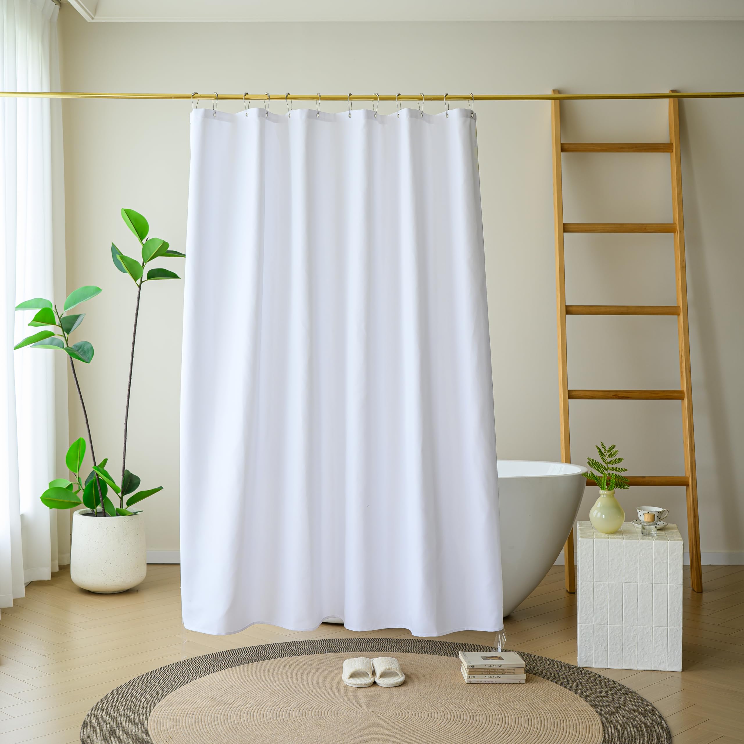 Yofori White Shower Curtain for Bathroom, Fabric Shower Curtains Faux Linen Polyester Wet Room Shower Curtains Sets with Metal Hooks, 183x183cm