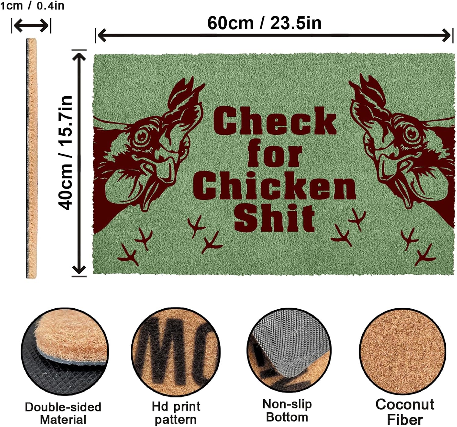 Doormat Check for Chicken Shit Welcome Mats for Front Door Non Slip Mats Indoor Outdoor Decor Floor Mat Entrance Rug, 23.6X15.7 Inches, 6mm Thick,Green