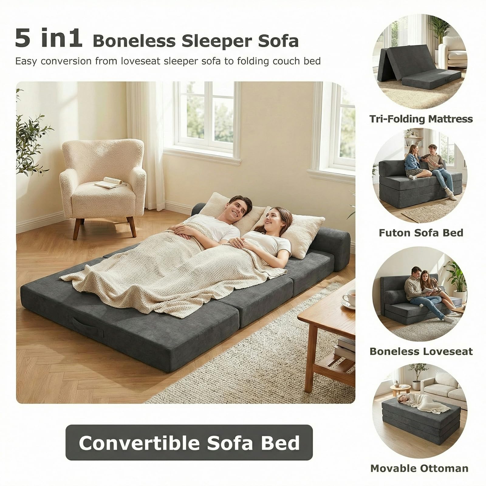 5-in-1 Convertible Sofa Bed, Boneless Loveseat, Tri-fold Futon Sofa Bed with Removable Cushions & Washable Cover, Pull Out Couch with Handle, for Small Spaces, Queen Size, Grey