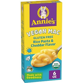 Annies Vegan Mac Rice Pasta and Cheddar Flavor Dinner with Organic Gluten Free Pasta, 6 OZ | USDA Certified Organic, Plant-Based, Gluten-Free Rice Pasta, No Artificial Flavors or Synthetic Colors