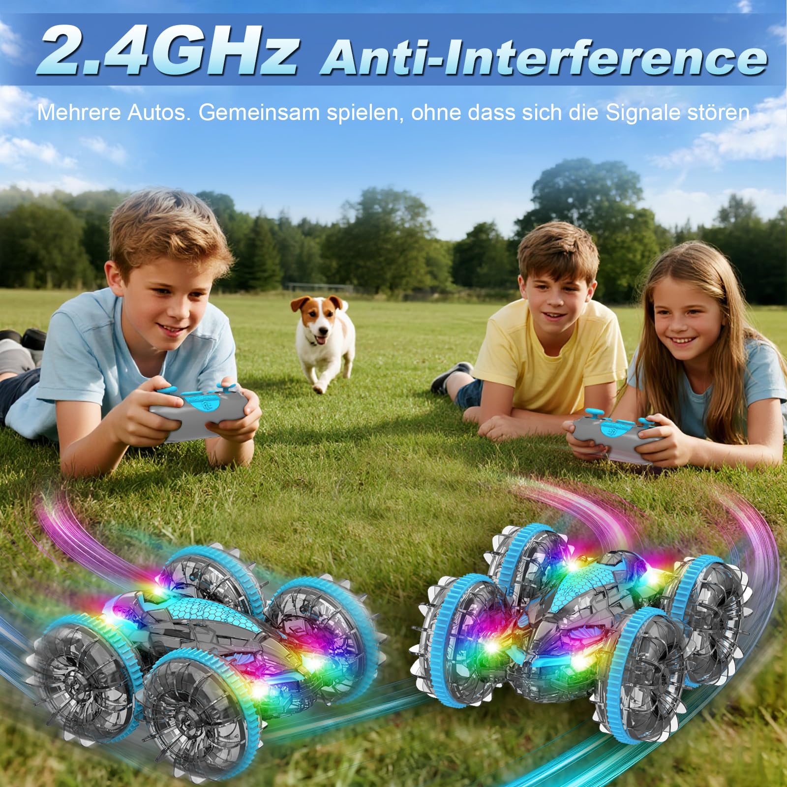MidiVix Coche anfibio teledirigido, tiempo de juego de 90 minutos, 2,4 GHz, doble cara, giratorio 360°, con iluminación RGB, 4WD RC Auto Juguetes Regalos para niños 6-12 Gris Azul