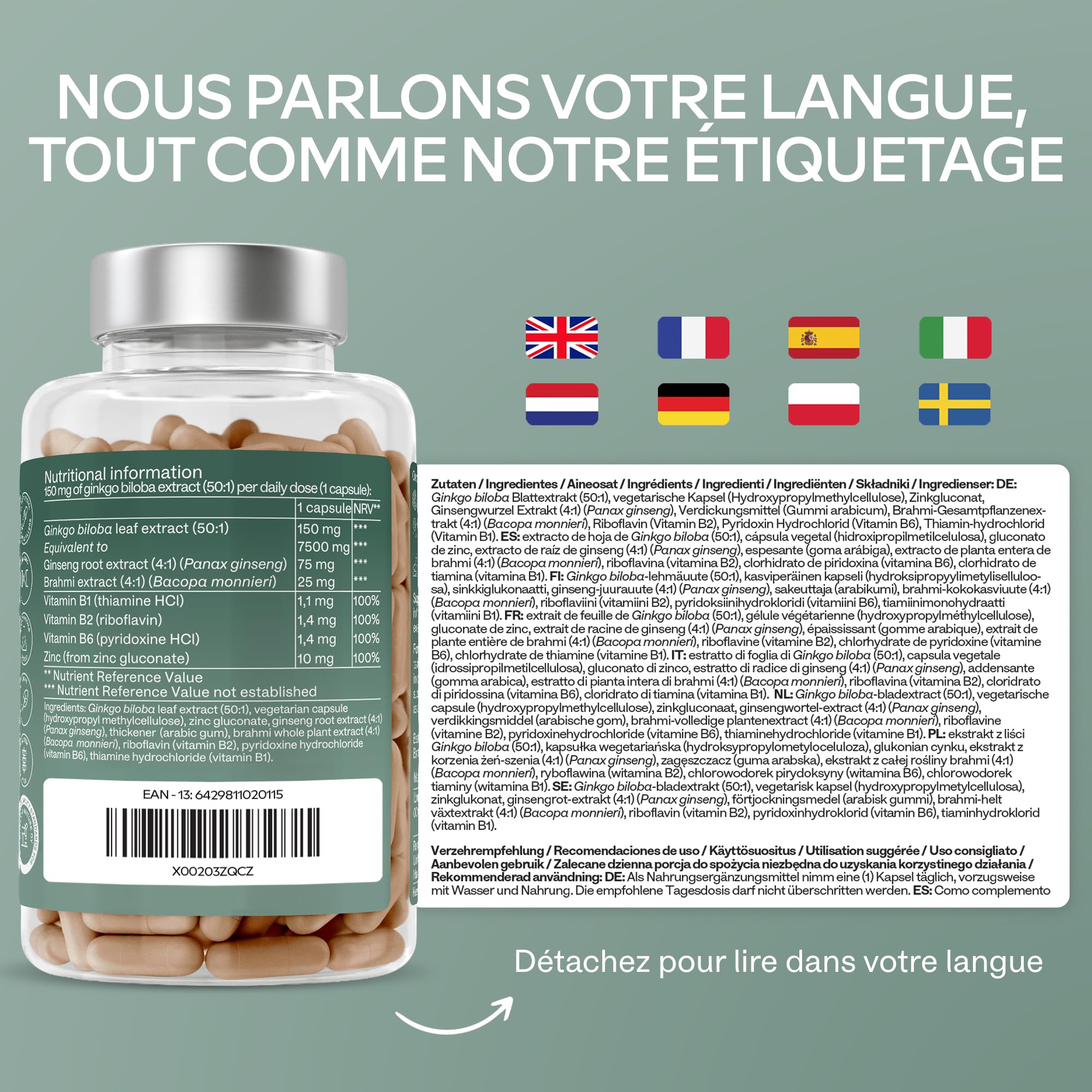 Ginkgo Biloba 7500mg 50:1 avec Panax Ginseng Rouge de Corée, Bacopa Monnieri, Zinc, Vitamine B Complex - Nootropique Puissant Circulation Sanguine, Memoire et Concentration, Energie - 180 Capsules