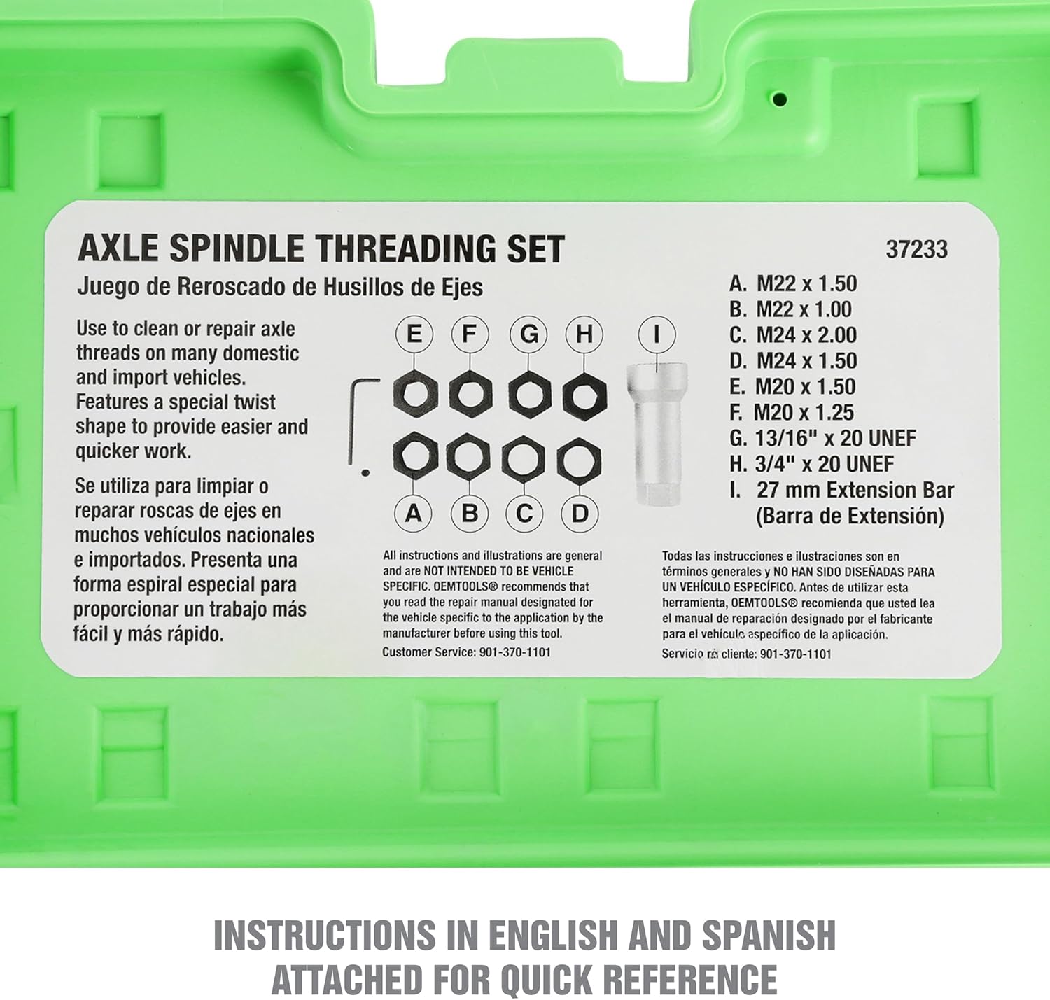 OEMTOOLS 37233 Axle Spindle Rethreading Tool Kit, Thread Repair Kit for Damaged Axle Spindles, Metric and SAE Thread Chaser Kit for Universal Fit, Green Case