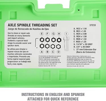 OEMTOOLS 37233 Axle Spindle Rethreading Tool Kit, Thread Repair Kit for Damaged Axle Spindles, Metric and SAE Thread Chaser Kit for Universal Fit, Green Case