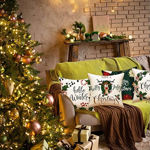 Miniatura 5 de SEPZFTT Juego de 4 fundas de almohada de Navidad de 18 x 18 pulgadas, decoración navideña de granja, corona de renos, feliz Navidad, hola,