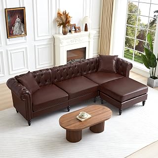 AVZEAR Chesterfield L Shaped Sofa Modular, Sectional Leather Couch with Ottoman and Pillow, Modern PU Deep Seat Sofa Living Room Furniture Sets for Living Room, Apartment, Dark Brown