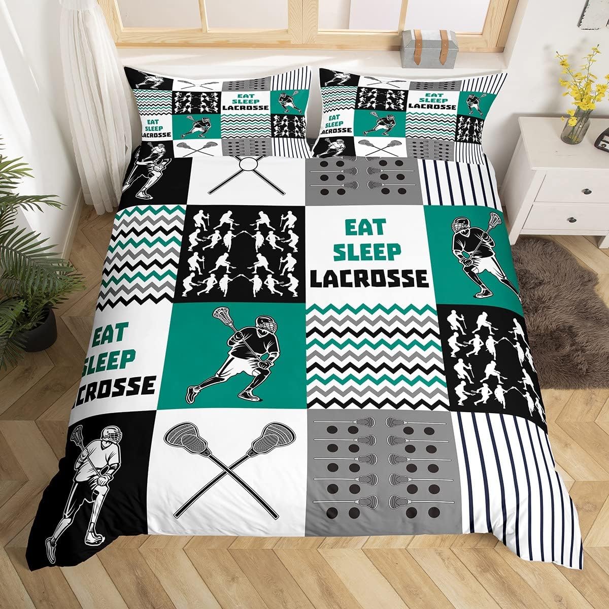 Lacrosse Duvet Cover Queen,Grey Blue Eat Sleep Lacrosse Bedding Set for Kids Boys Girls,Lacrosse Player Comforter Cover Bedroom Decor,Sports Game Buffalo Plaid Bed Sets with 2 Pillowcases
