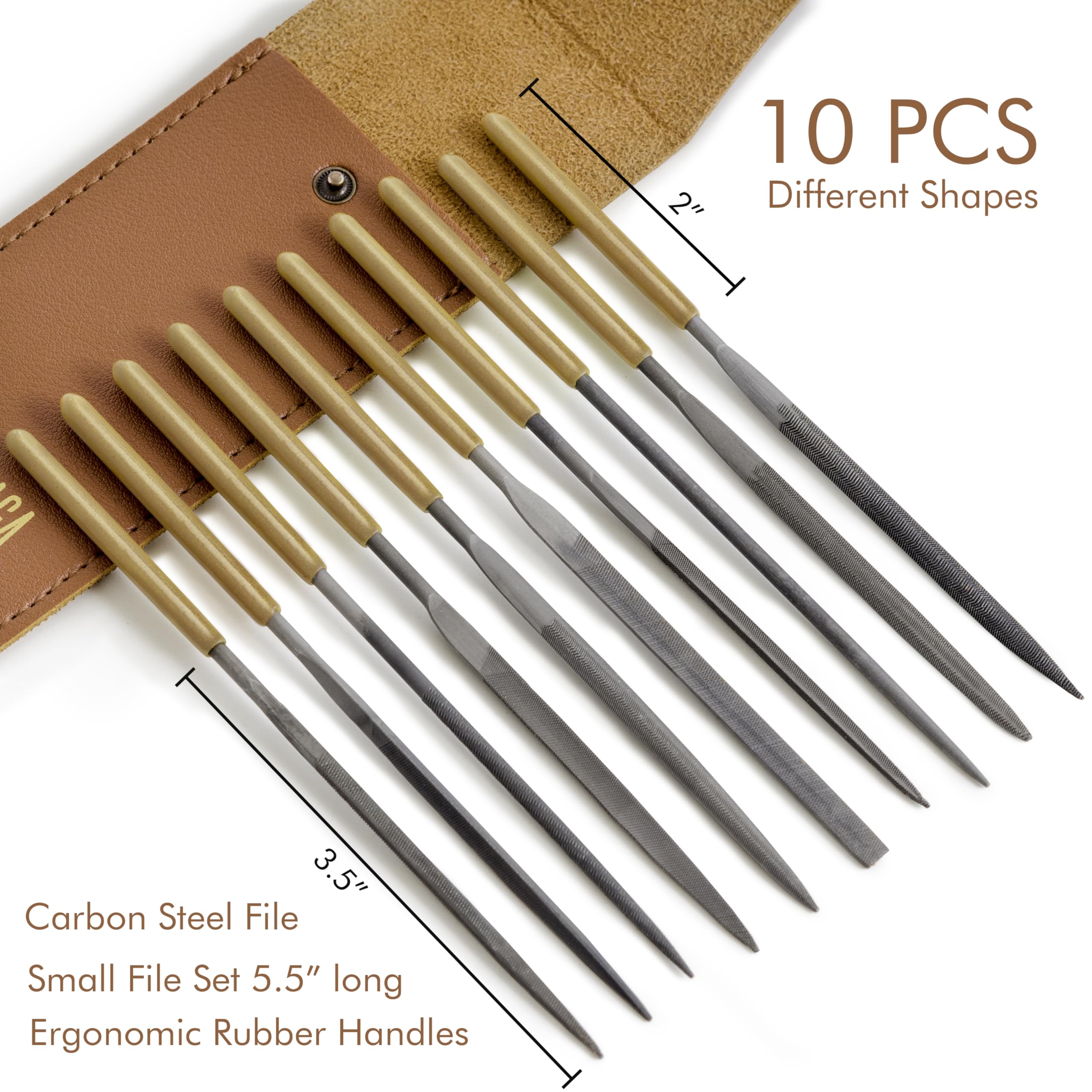Juego de 10 limas de aguja de metal con funda de piel sintética, pequeñas limas de acero con forma redonda, media redonda, triangular, plana, cuadrada. Herramienta para madera, metal